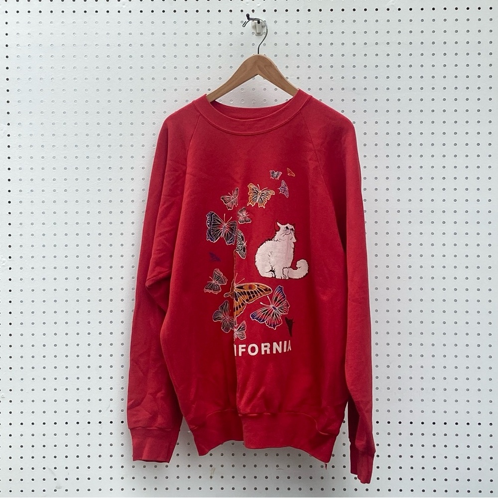Vintage Hugger oversized red cat and butterfly screen print  red sweatshirt